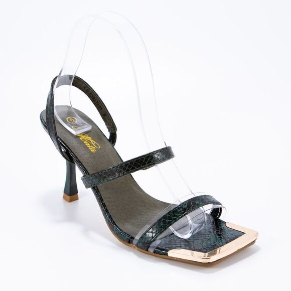 PINE GREEN SNAKE FAUX SUEDE SQUARE TOE SHORT HEEL - Picture 2 of 5